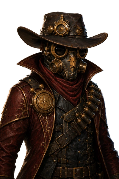 A masked gunslinger in a long coat, brass-fitted respirator and wide hat.