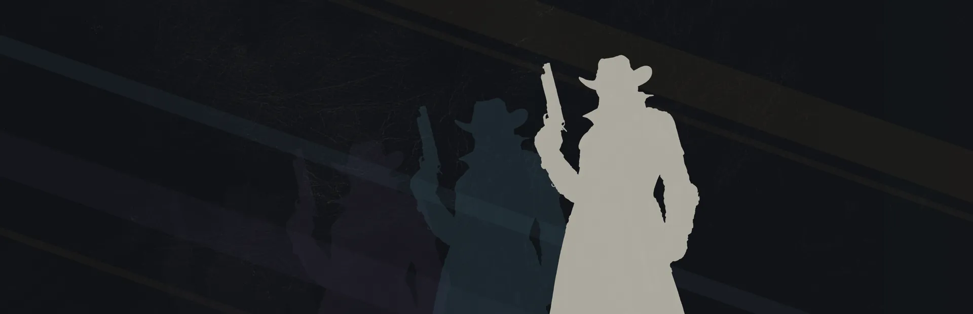 Three gunslinger silhouettes under bands of refracted light.