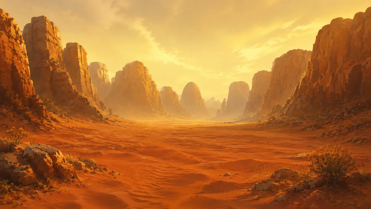 A wide red-rock desert canyon under a hot yellow sky.