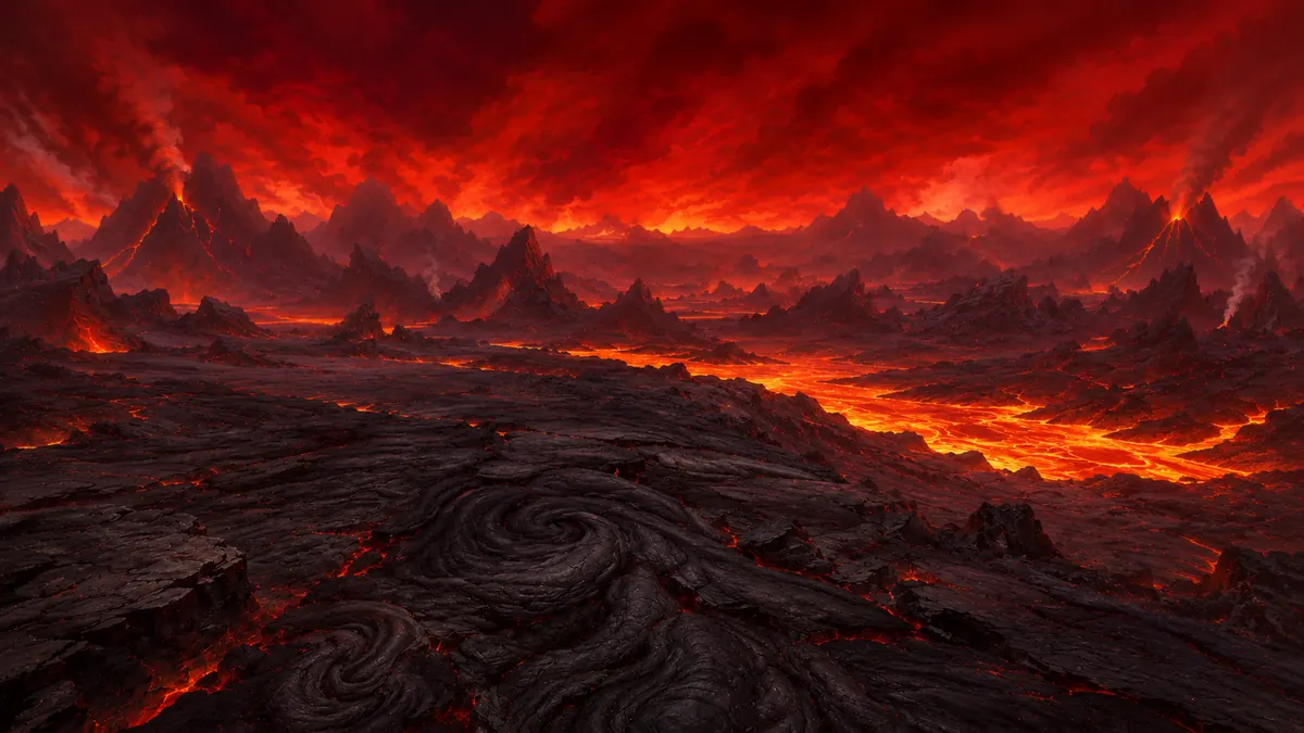 A black basalt plain split by rivers of lava under a red sky.